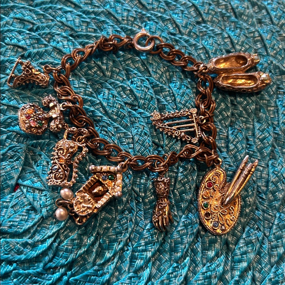 Vintage Gold Color Charm Bracelet with Colorful rhinestones and Accents